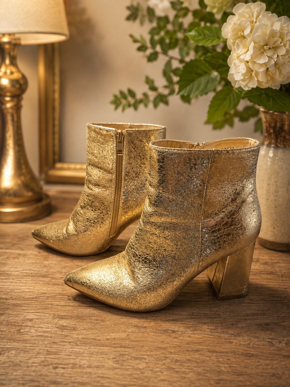 ShuShop Gold Metallic Pointed Ankle Booties